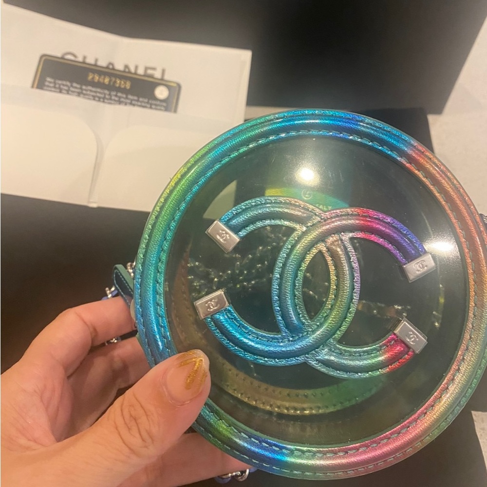 Chanel Filigree Rainbow Green PVC Round Clutch With Chain Silver Hardware 20C